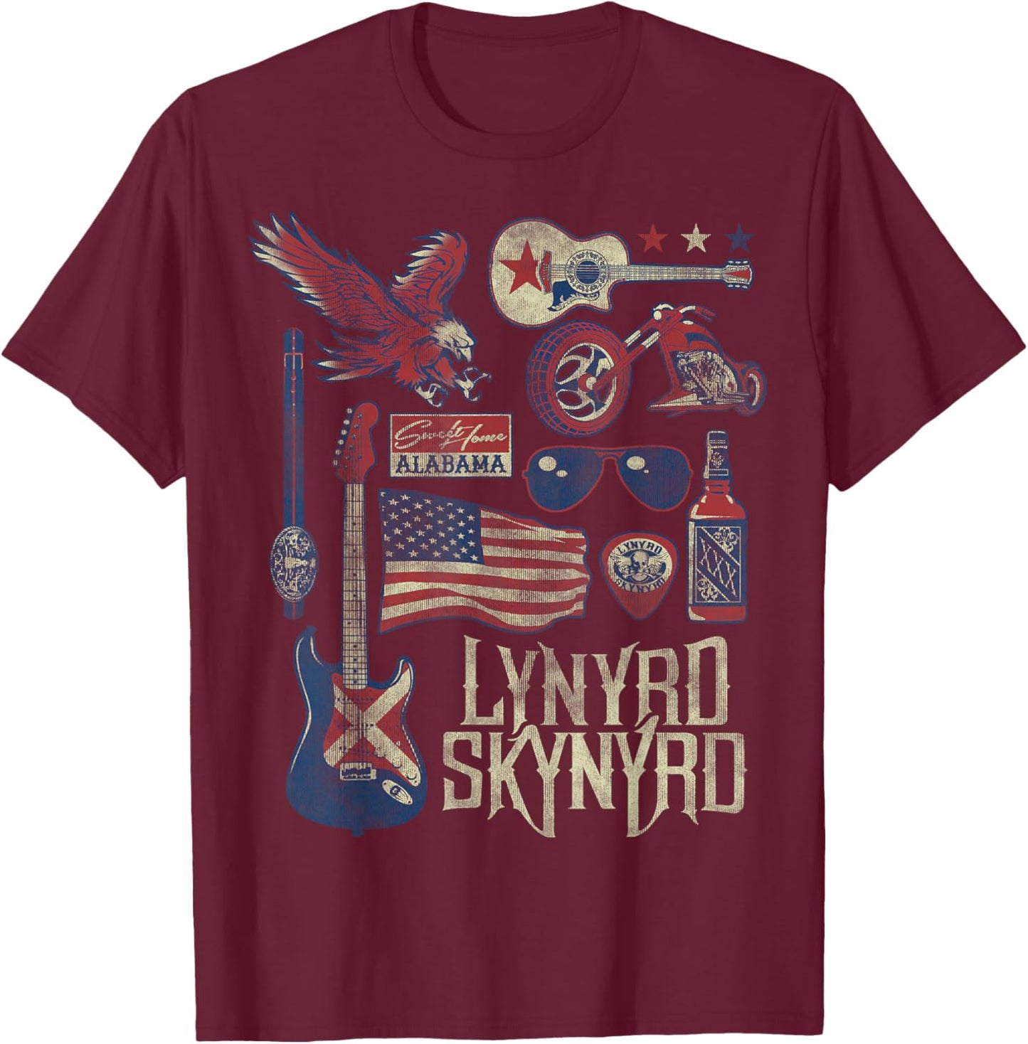 Lynyrd Skynyrd Collage Sweet Home Alabama US Flag Band Biker T-Shirt - T-Shirt | Maroon
