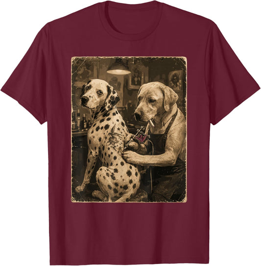 Retro Dalmatian Smoking Tattoo Artist Funny Dog Meme Humor T-Shirt - T-Shirt | Maroon