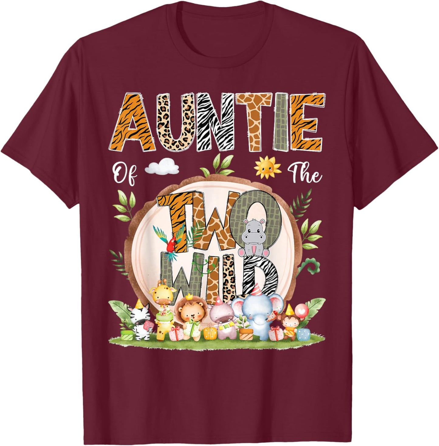 Auntie Of The Two Wild Animal Safari 2Nd Birthday Party T-Shirt - T-Shirt | Maroon