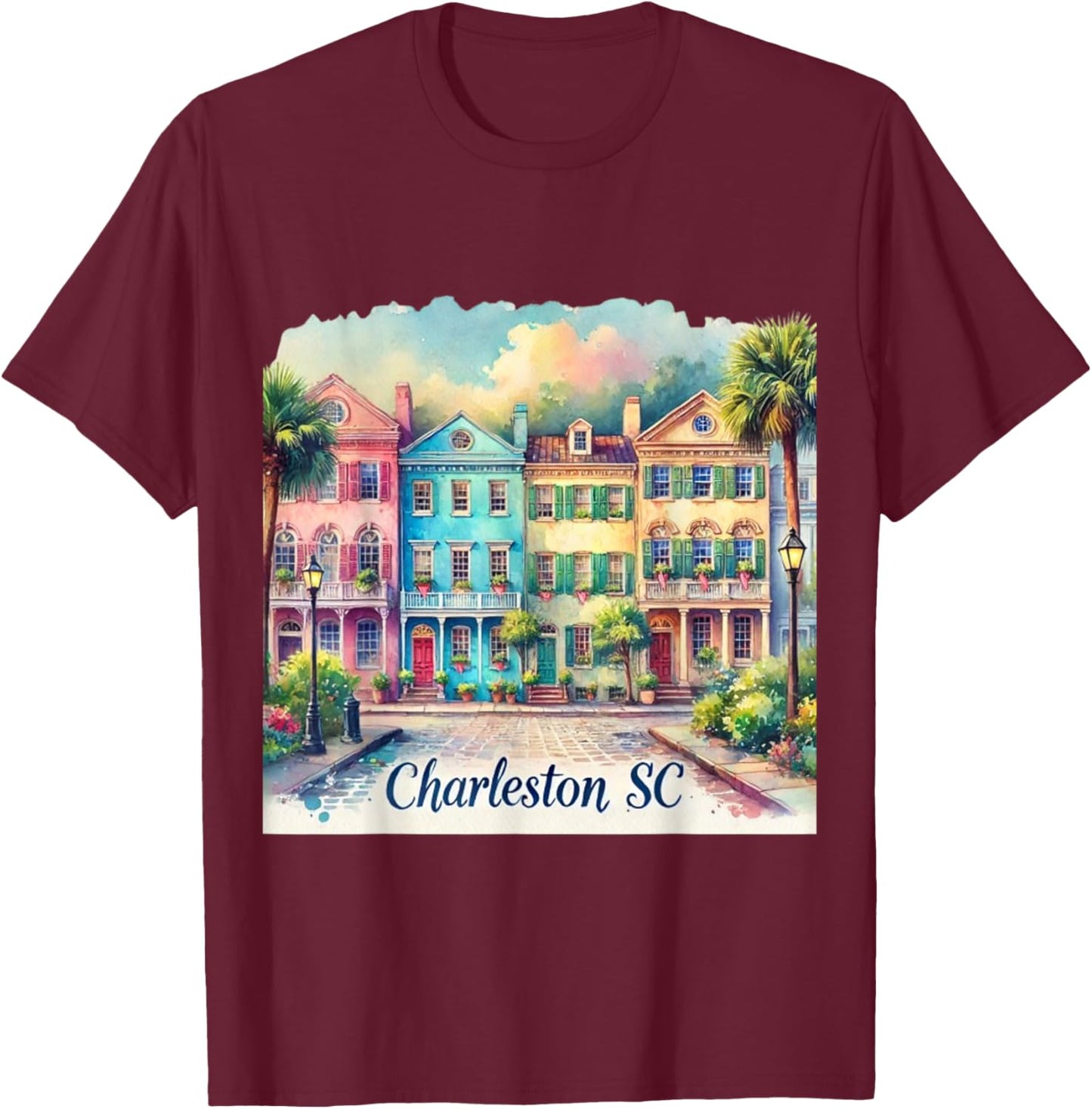 Charleston SC Rainbow Row Colorful Houses T-Shirt - T-Shirt | Maroon