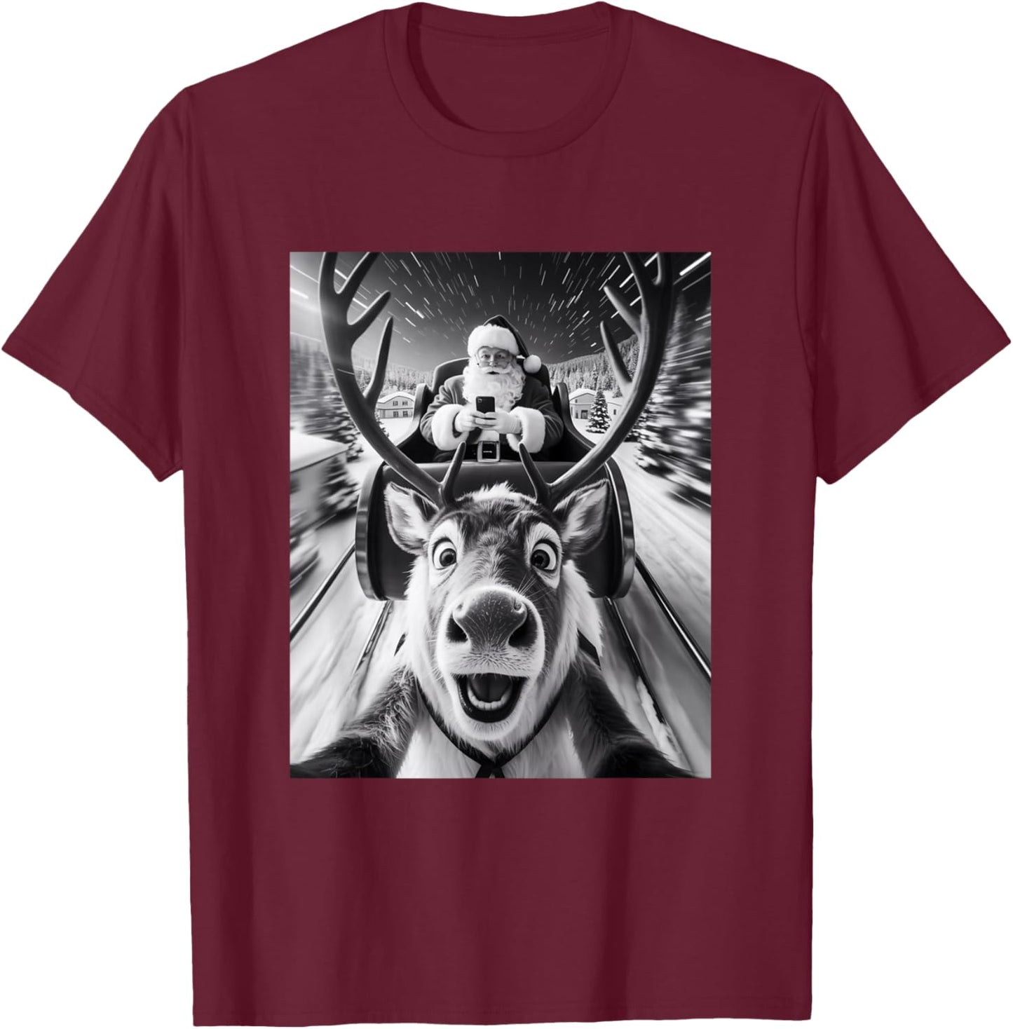 Santa and Reindeer Selfie Funny Christmas T-Shirt - T-Shirt | Maroon