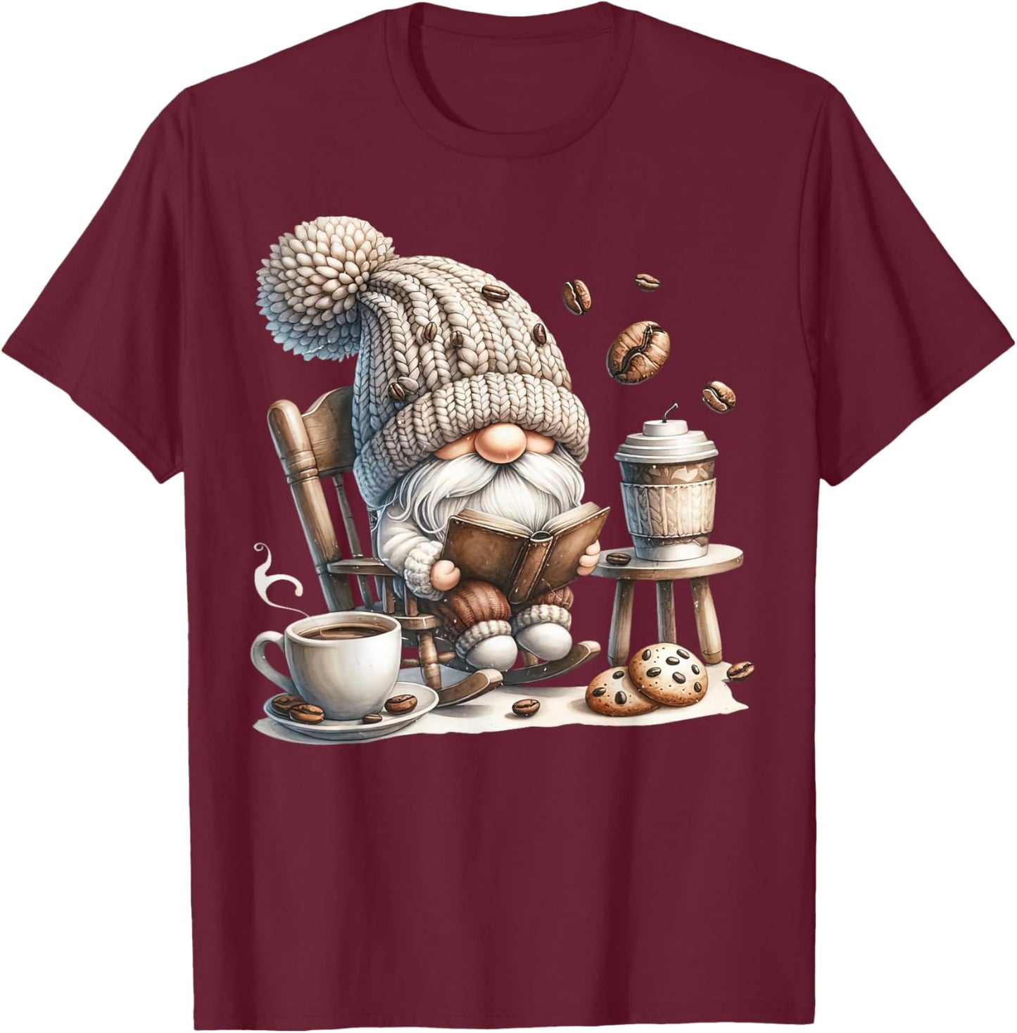 Vintage Cute Gnome Reading Book Coffee Cute Gnome Graphic T-Shirt - T-Shirt | Maroon
