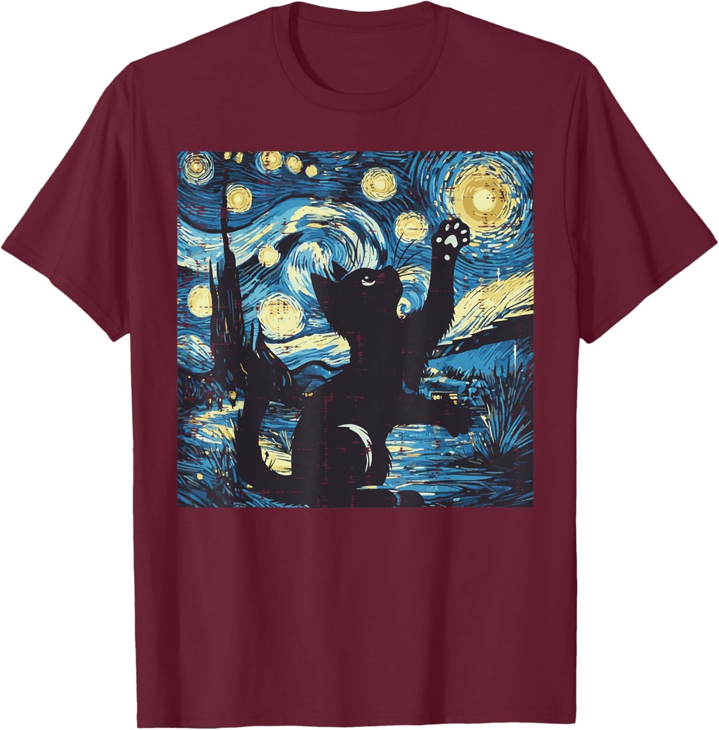 Cat Starry Night Painting Funny Van Gogh Art Men Women Kids T-Shirt - T-Shirt | Maroon