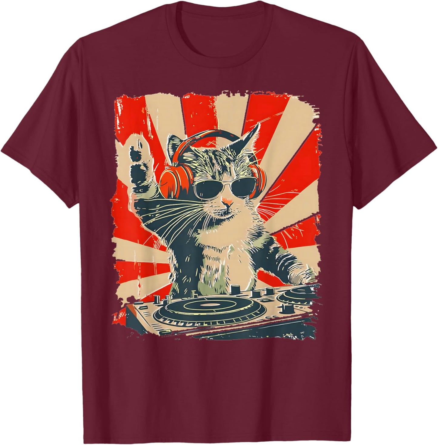 Funny DJ Cat with Headphones Retro Music Lover Art T-Shirt - T-Shirt | Maroon
