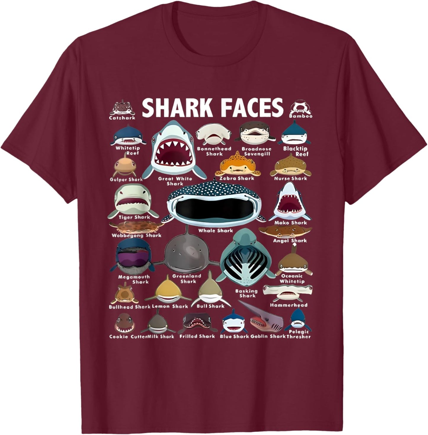 Types Of Shark Identification Shark Faces Marine Biology T-Shirt - T-Shirt | Maroon