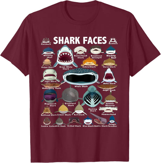 Types Of Shark Identification Shark Faces Marine Biology T-Shirt - T-Shirt | Maroon