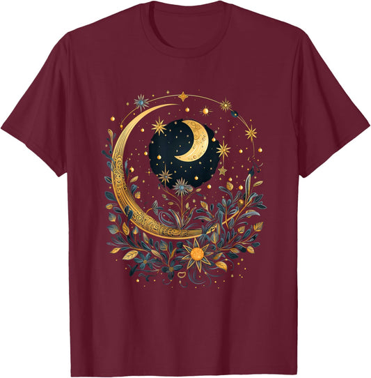 Mystic Sun and Moon Woman Mystical Flowers Aesthetic T-Shirt - T-Shirt | Maroon