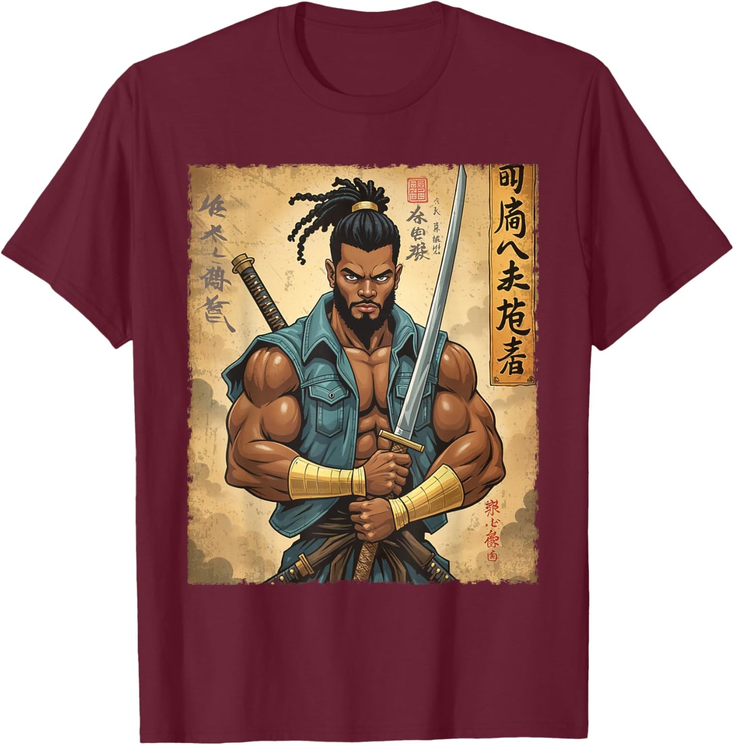 Strong Afro Warrior Samurai African in Anime with Katana T-Shirt - T-Shirt | Maroon