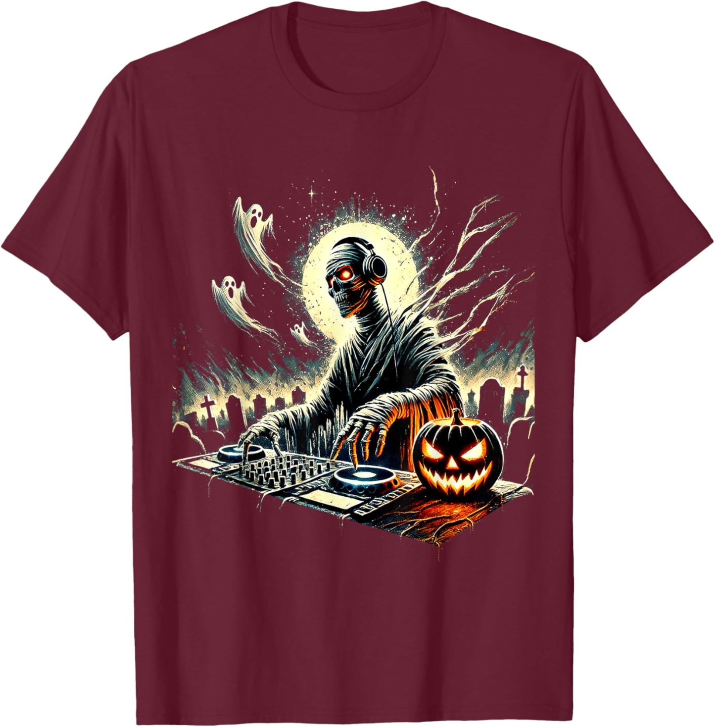Spooky Mummy DJ Halloween Music Vibes Creepy Scary Horror T-Shirt - T-Shirt | Maroon