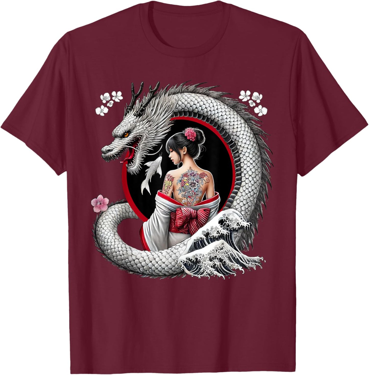 Geisha and Dragon Tattoo Art T-Shirt - T-Shirt | Maroon