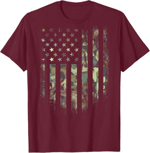 (Art on Back) American Flag Green Camo Camouflage T-Shirt - T-Shirt | Maroon