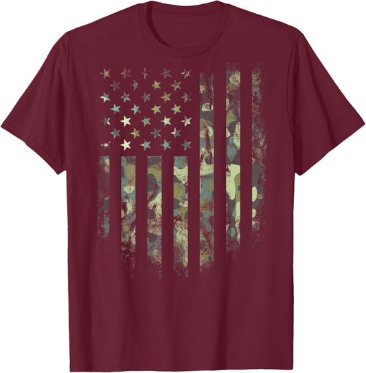 (Art on Back) American Flag Green Camo Camouflage T-Shirt - T-Shirt | Maroon