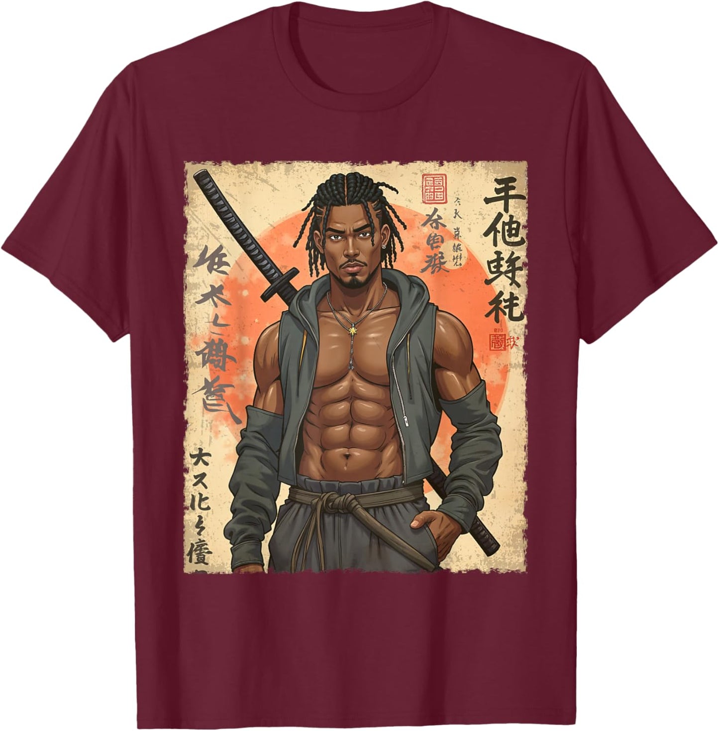 Afro Warrior Samurai Modern African in Anime with Katana T-Shirt - T-Shirt | Maroon