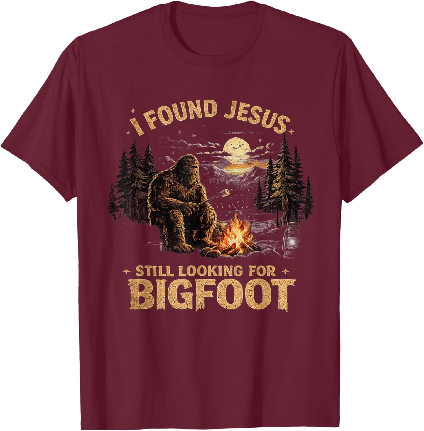 I Found Jesus Still Looking for Bigfoot Retro Vintage T-Shirt - T-Shirt | Maroon