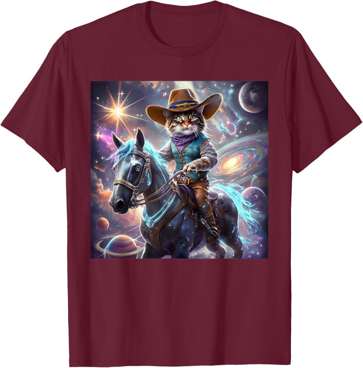 Cat Cowboy Rainbow Galaxy Kitten Riding Horse Cowboy Hat T-Shirt - T-Shirt | Maroon