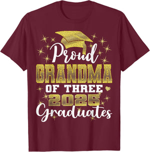 Proud Grandma of Three 2025 Graduates Graduation family T-Shirt - T-Shirt | Maroon