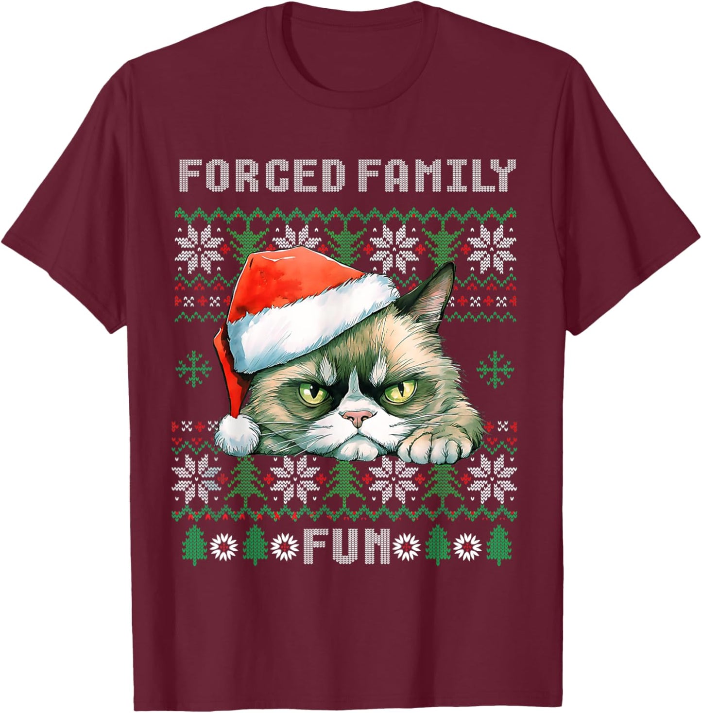 Forced Family Xmas Fun Funny Cat Lover Men Women Christmas T-Shirt - T-Shirt | Maroon
