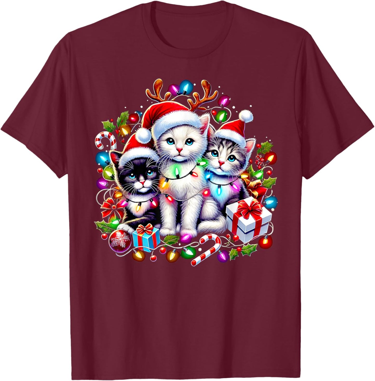 Cute Kittens Christmas Cheer Santa Hats Lights Cats Kittys T-Shirt - T-Shirt | Maroon