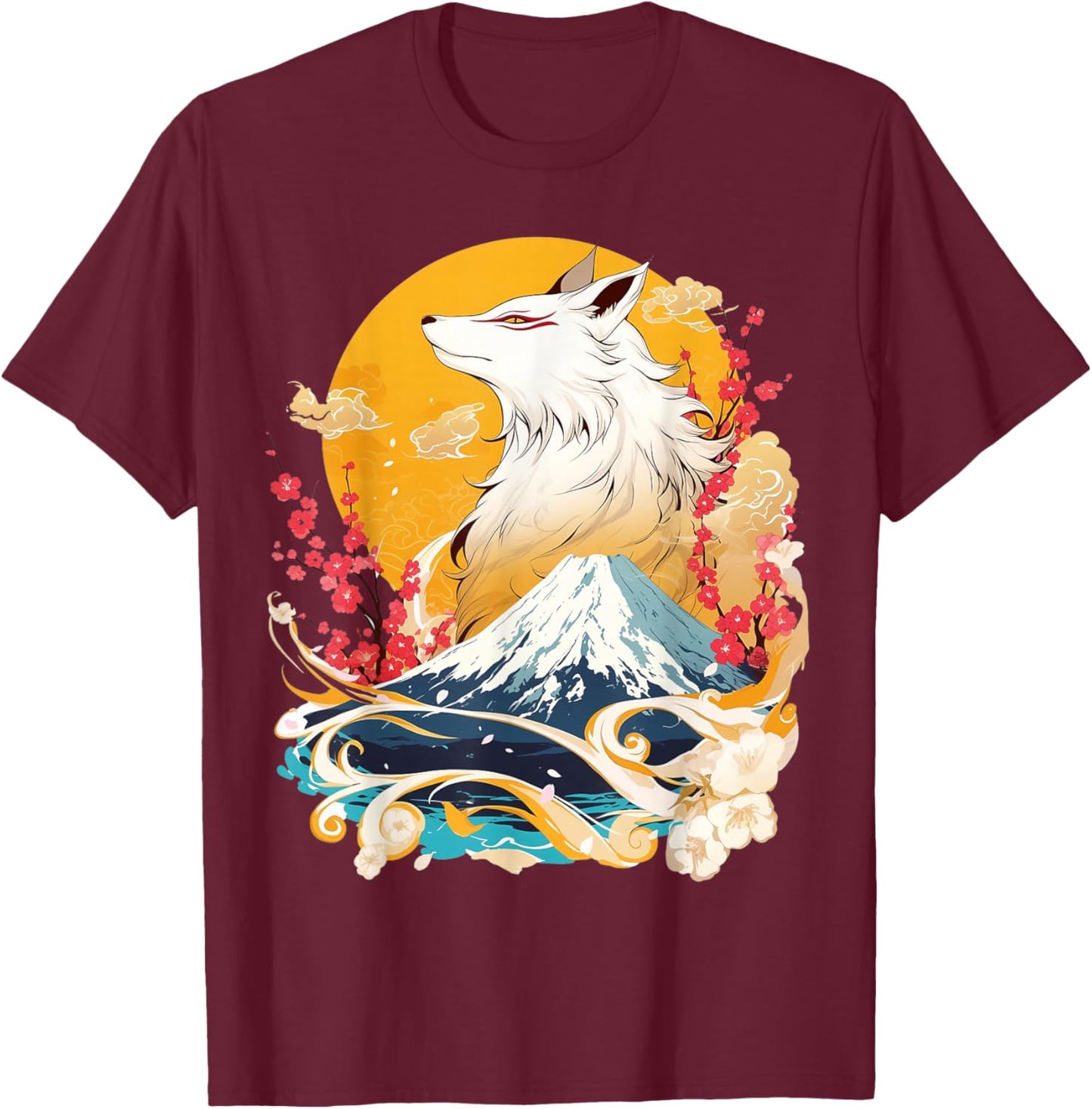 Kitsune Fox with Cherry Blossom Landscape T-Shirt - T-Shirt | Maroon