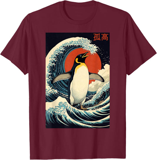 Alone Pinguin Japanische Kunst Lustige Grafik für Frauen und Männer T-Shirt - T-Shirt | Maroon