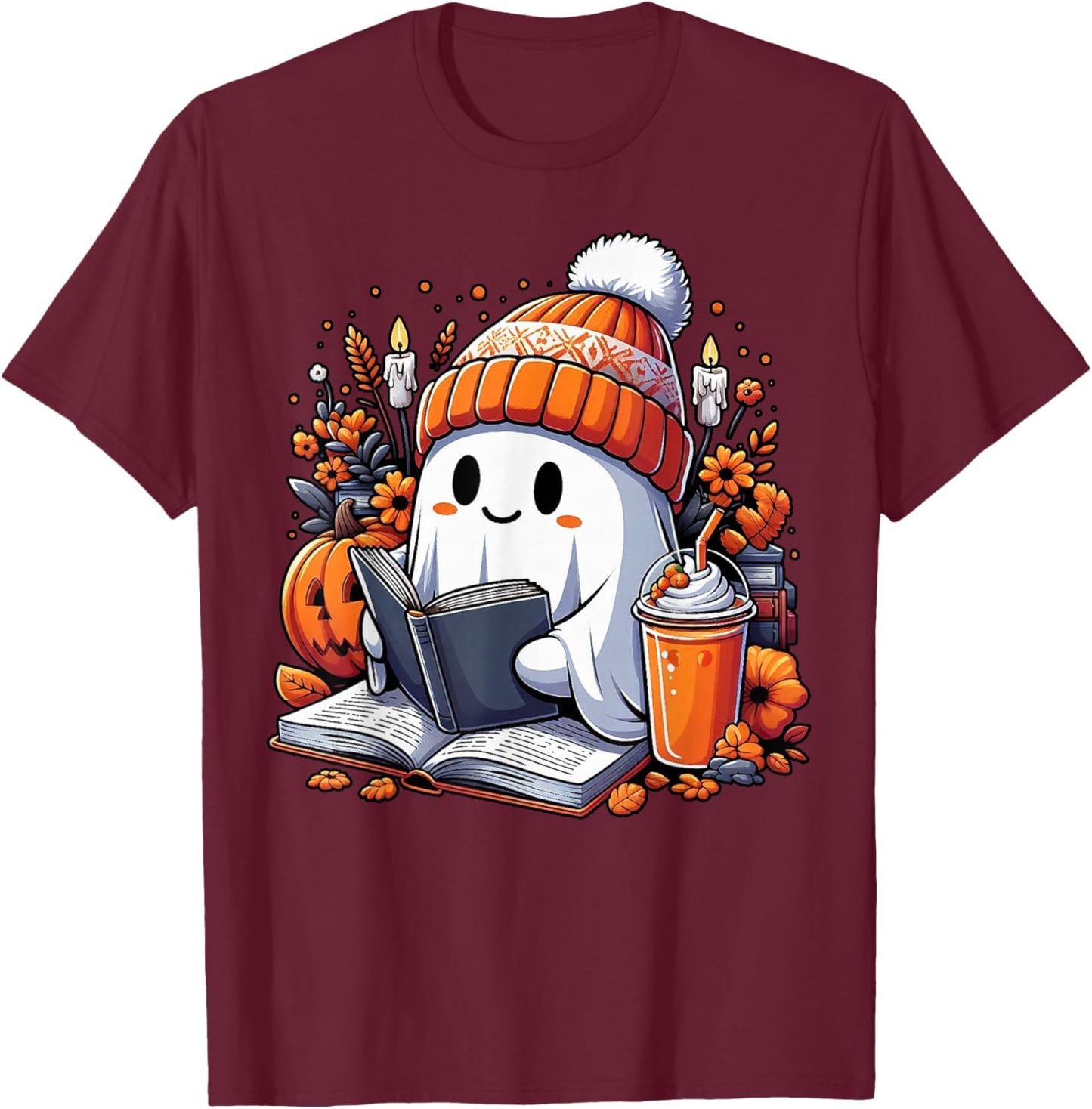 Ghost Drinking Coffee Book Reading Halloween Pumpkin Flower T-Shirt - T-Shirt | Maroon