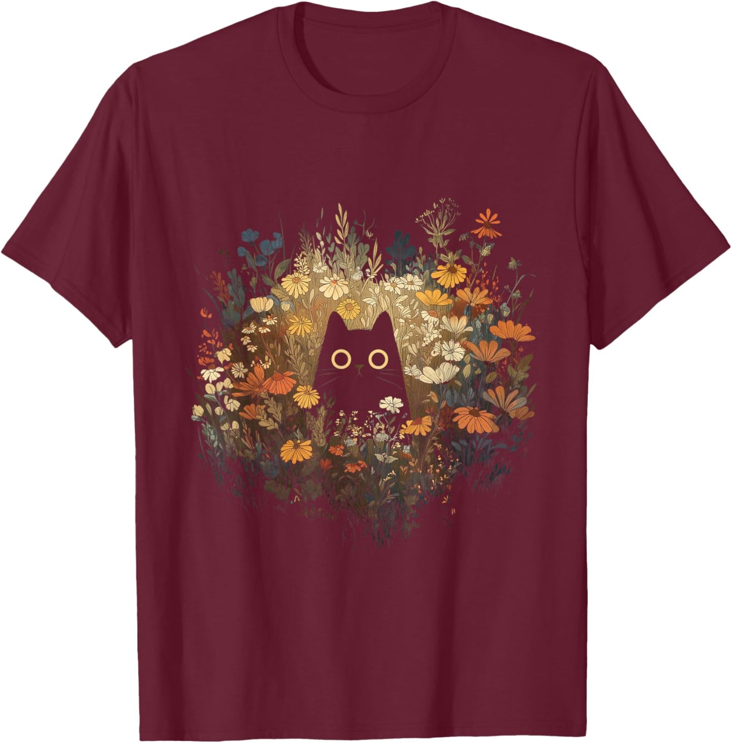 Cat Wildflower Funny Cute Floral Black Cat T-Shirt - T-Shirt | Maroon