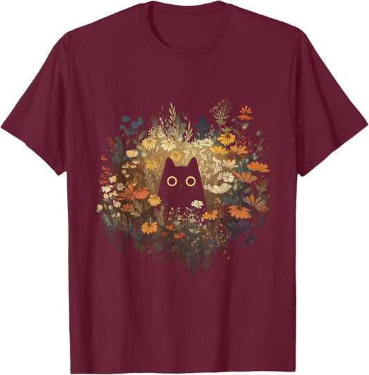 Cat Wildflower Funny Cute Floral Black Cat T-Shirt - T-Shirt | Maroon