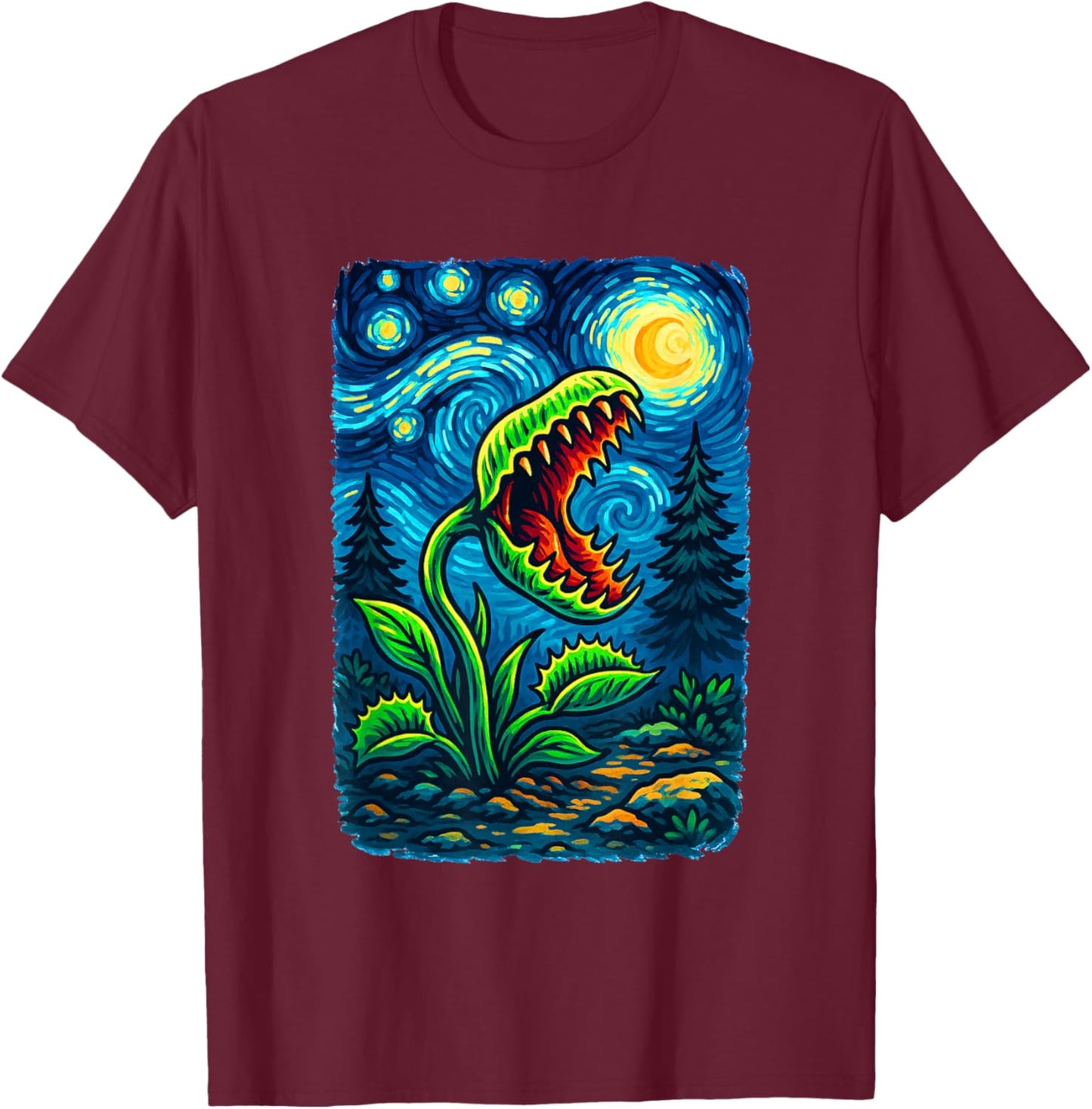 Carnivorous Plant Venus Fly Trap Design Starry Night Art T-Shirt - T-Shirt | Maroon