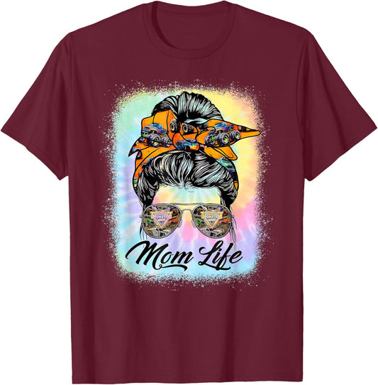 Messy Bun Woman & Monster Truck Mom Life Happy Tie Dye T-Shirt - T-Shirt | Maroon