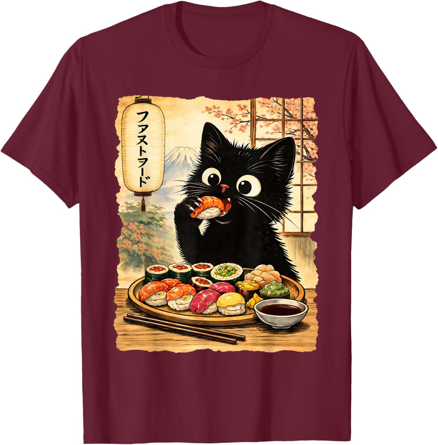 Schwarze süße Katze isst Sushi Kawaii Japanisches Essen Anime Katzen T-Shirt - T-Shirt | Maroon