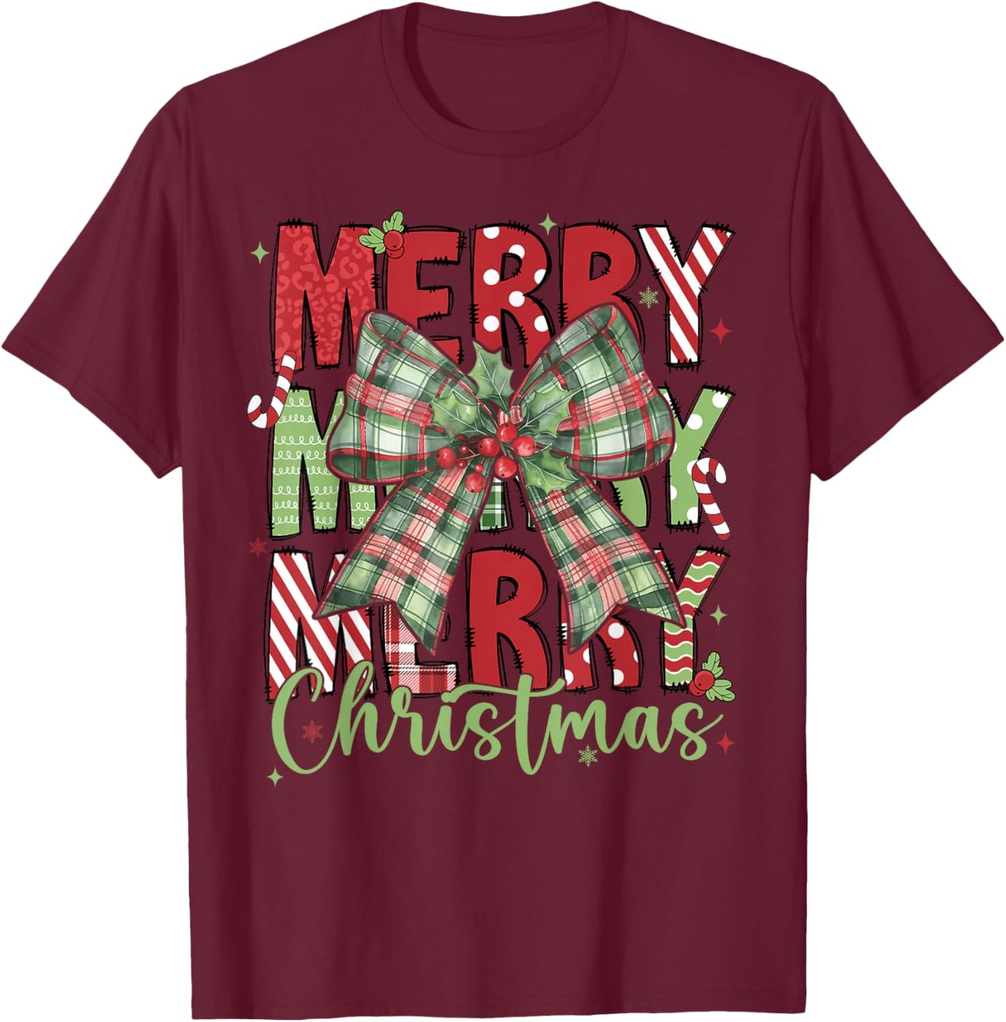 Merry Christmas Coquette Bow Xmas Pajamas Family Matching T-Shirt - T-Shirt | Maroon