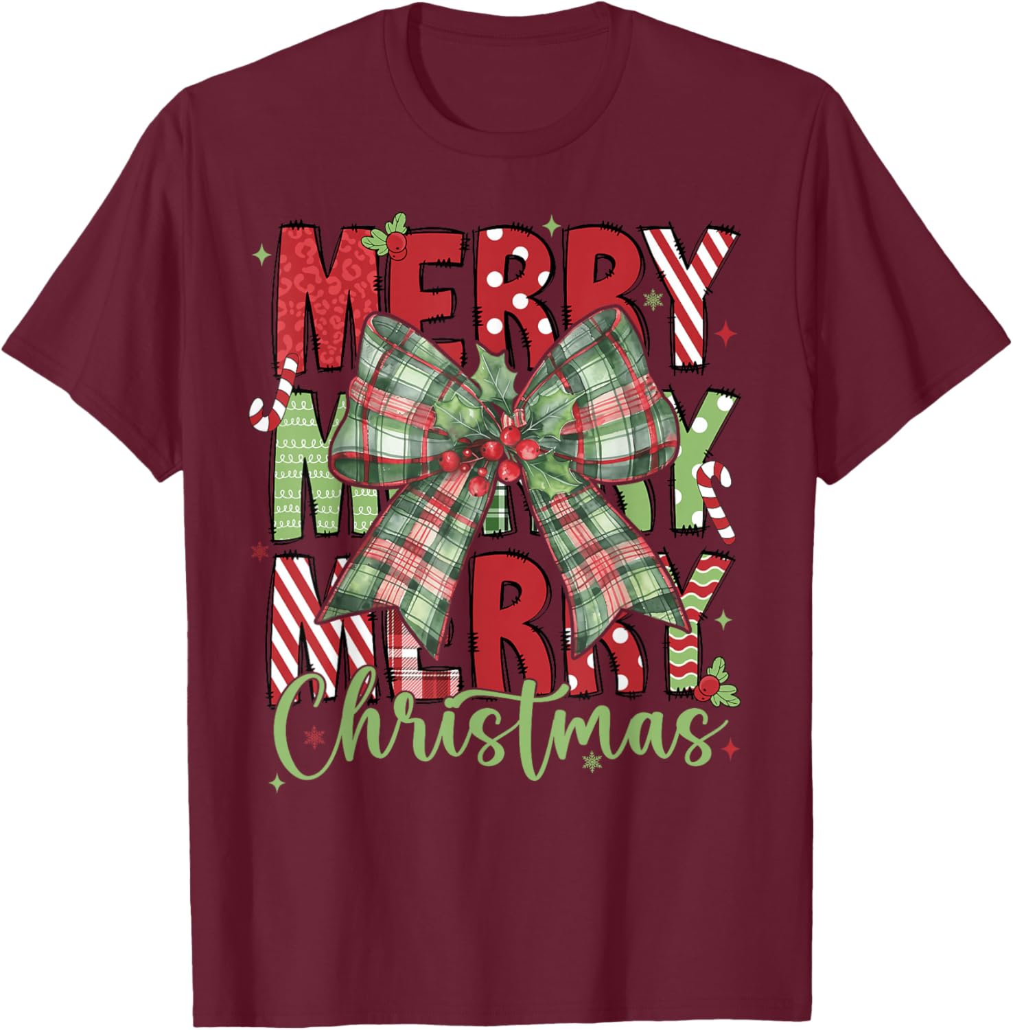 Merry Christmas Coquette Bow Xmas Pajamas Family Matching T-Shirt - T-Shirt | Maroon