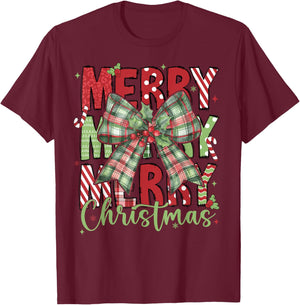 Merry Christmas Coquette Bow Xmas Pajamas Family Matching T-Shirt - T-Shirt | Maroon