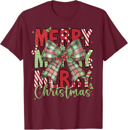 Merry Christmas Coquette Bow Xmas Pajamas Family Matching T-Shirt - T-Shirt | Maroon