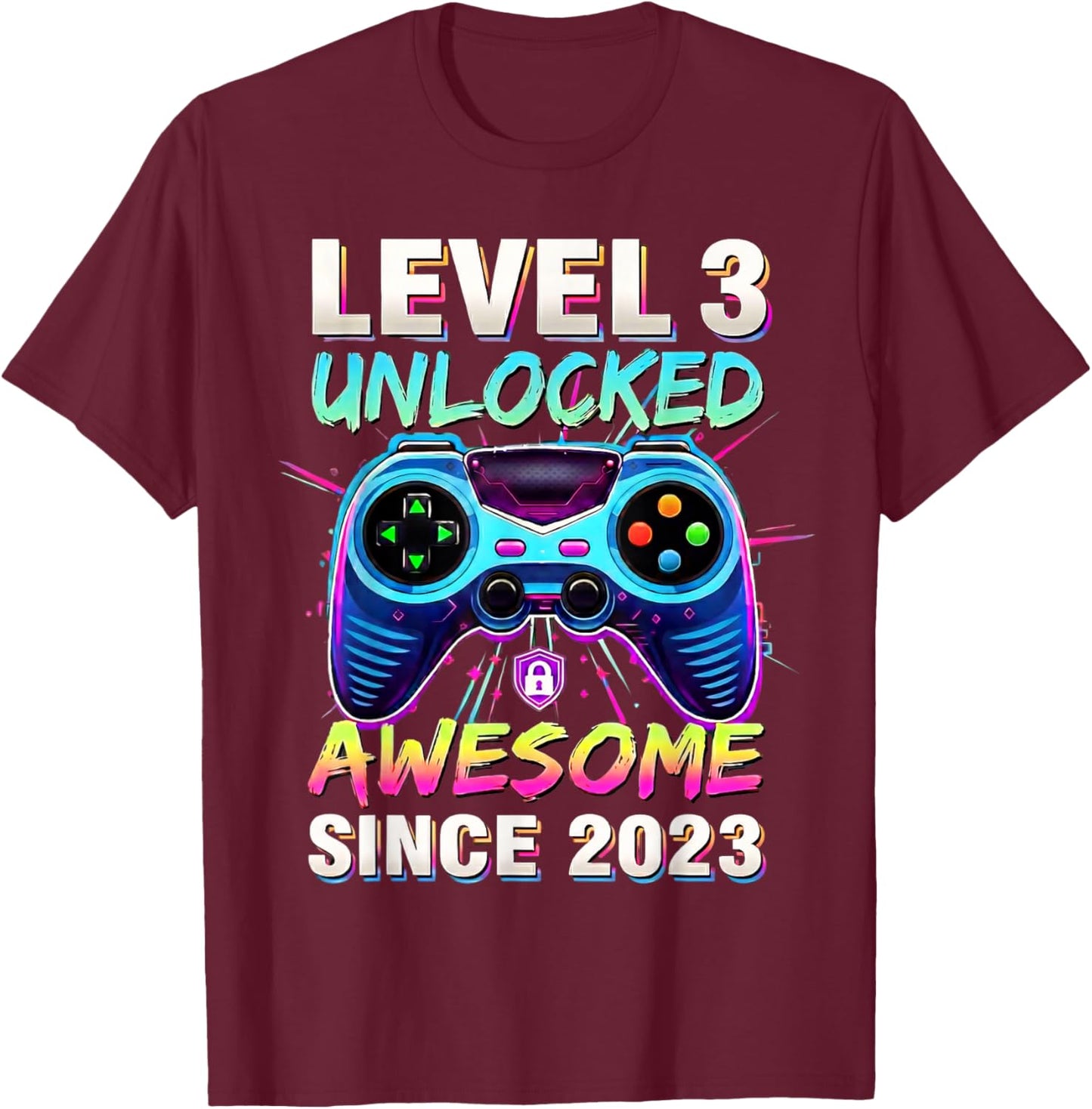 3e Anniversaire Gaming Boys Level 3 débloqué génial Depuis 2023 T-Shirt - T-Shirt | Maroon