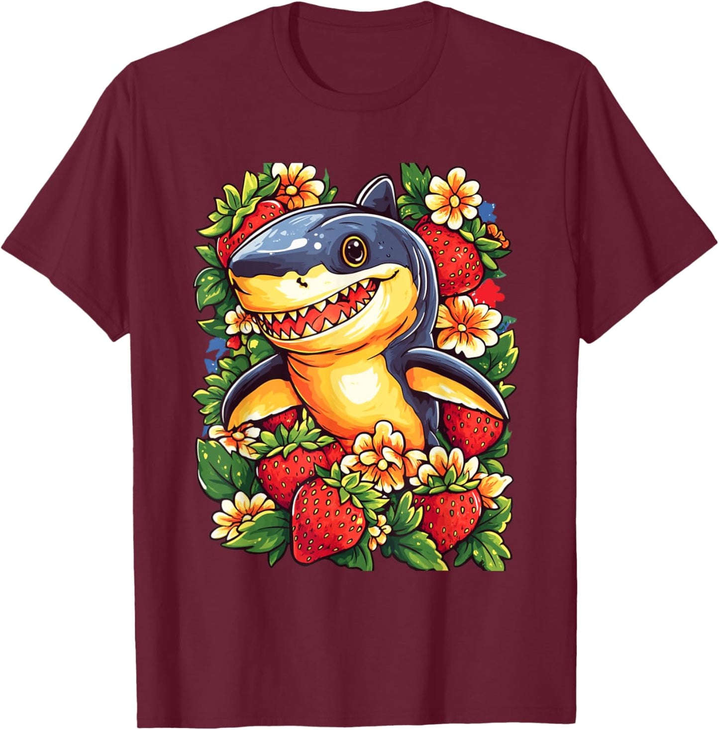 Shark Strawberries and Flowers Graphic Cute Shark T-Shirt - T-Shirt | Maroon