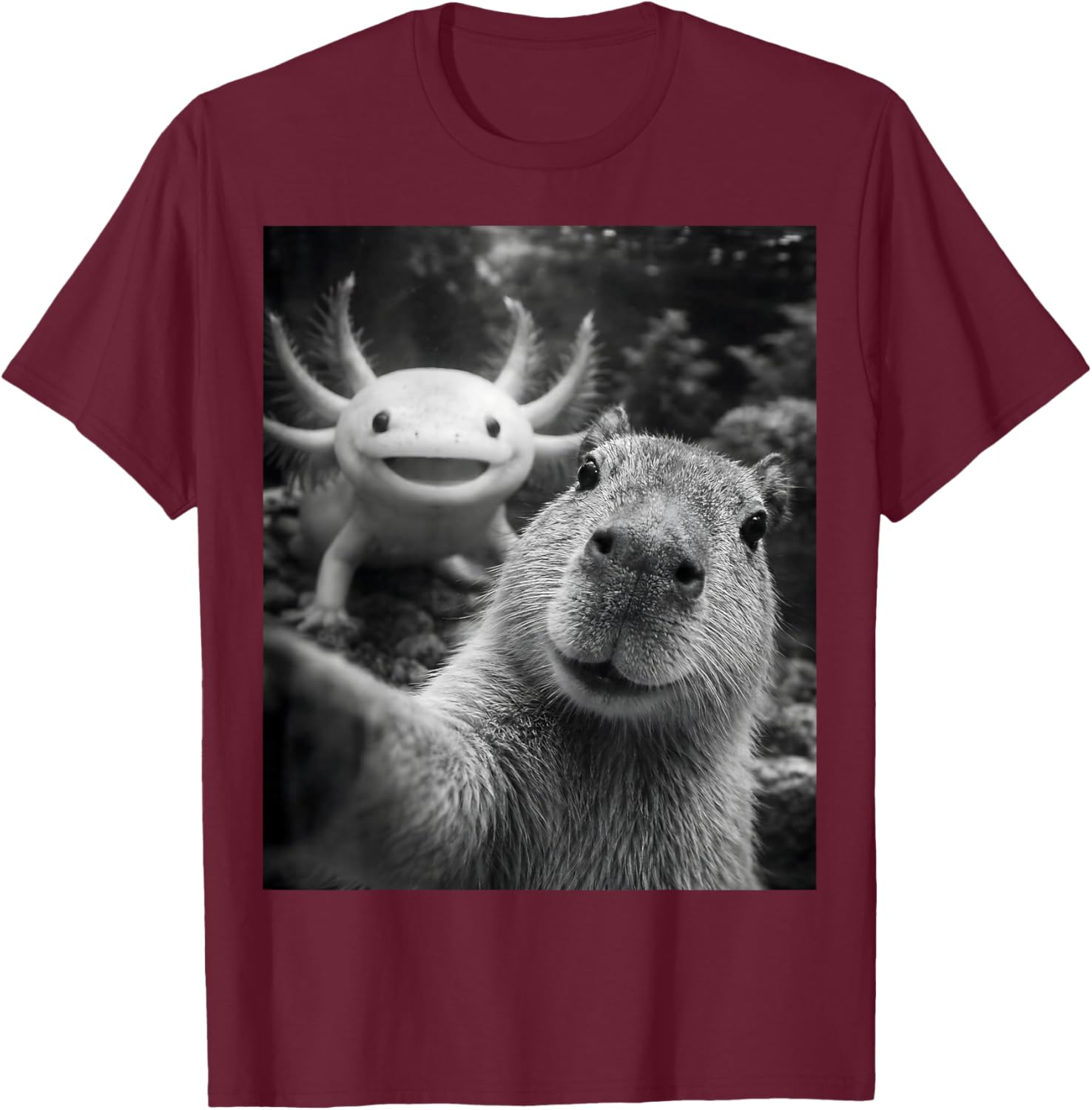Capybara Axolotl Selfie T-Shirt - T-Shirt | Maroon