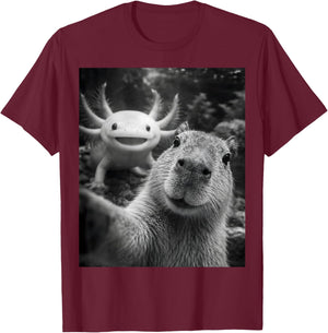 Capybara Axolotl Selfie T-Shirt - T-Shirt | Maroon