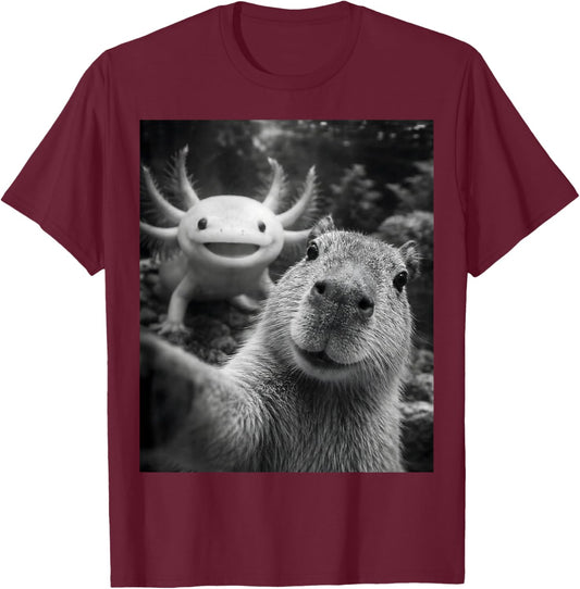 Capybara Axolotl Selfie T-Shirt - T-Shirt | Maroon