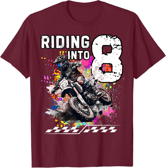 Motocross Birthday Riding Into 8 MX Dirt Bike T-Shirt - T-Shirt | Maroon
