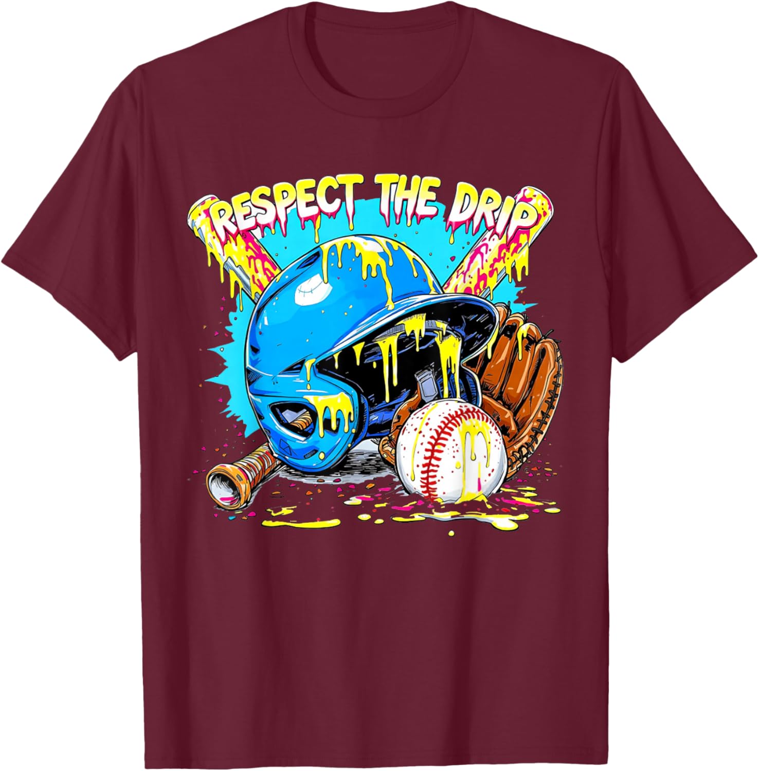 Respect The Drip Boys Baseball Bat Helmet Glove Ball Sports T-Shirt - T-Shirt | Maroon