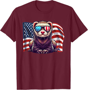 Ferret Pets Lovers Patriotic America Flag Sunglasses Vintage T-Shirt - T-Shirt | Maroon