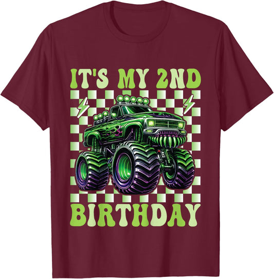 Its My 2nd Birthday Monster Truck 2 Year Old Boys 2nd Party T-Shirt - T-Shirt | Maroon