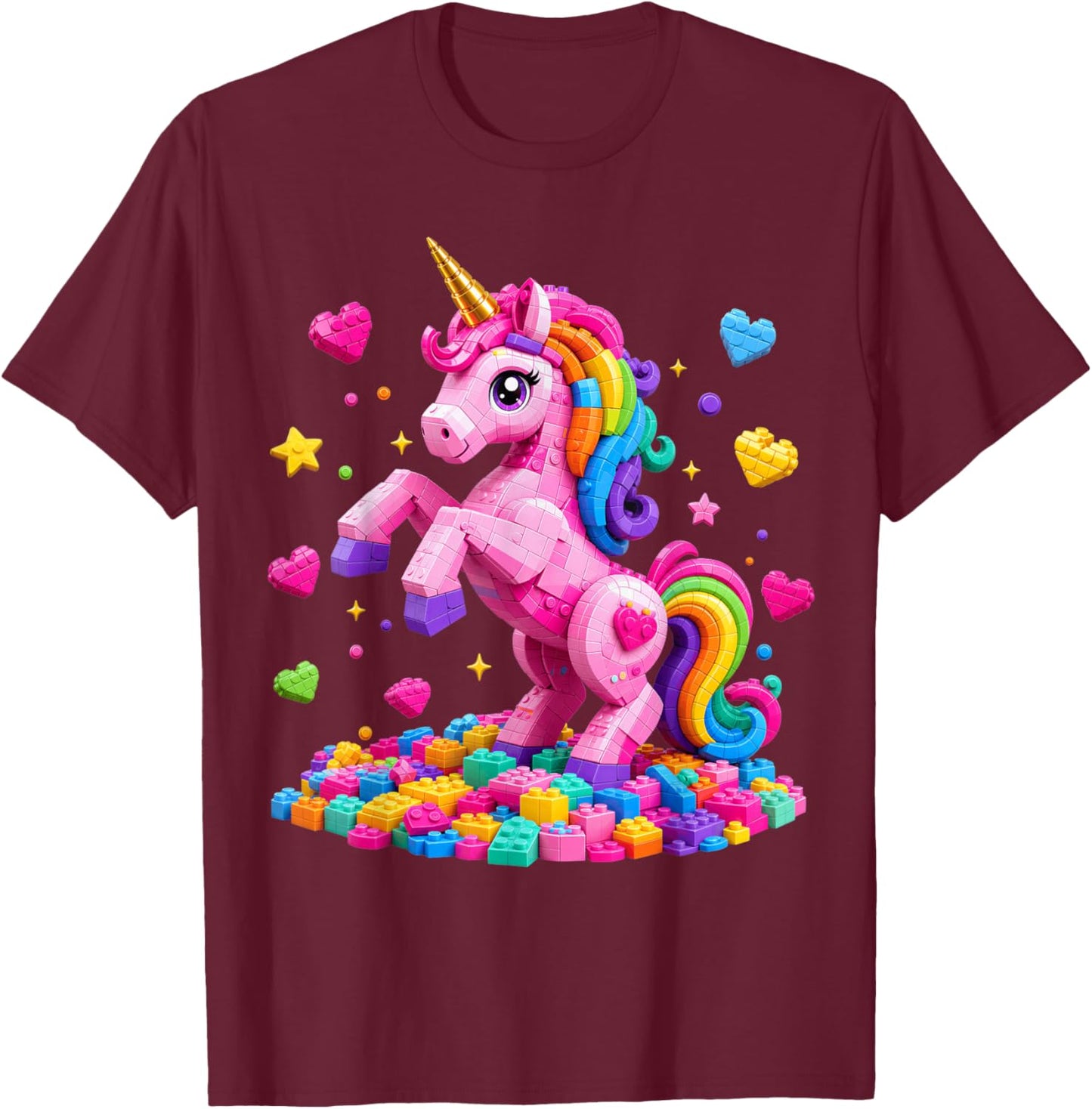 Unicorn Master Builder Girls Kids Building Bricks Blocks Toy T-Shirt - T-Shirt | Maroon