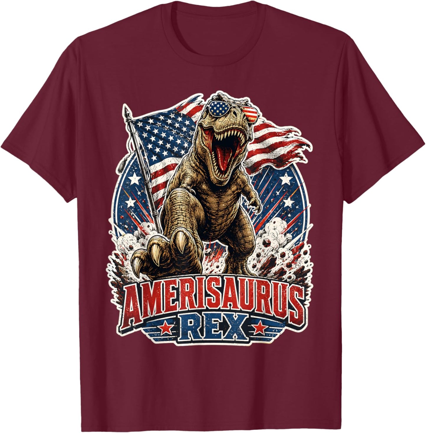Dinosaur 4th of July T Rex Funny Amerisaurus Rex Boys Men T-Shirt - T-Shirt | Maroon