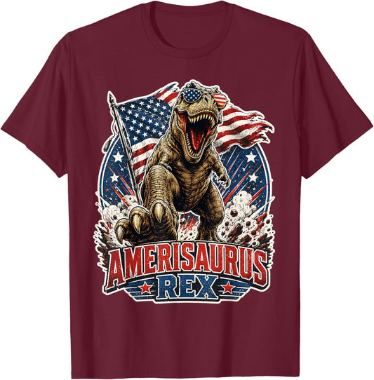 Dinosaur 4th of July T Rex Funny Amerisaurus Rex Boys Men T-Shirt - T-Shirt | Maroon
