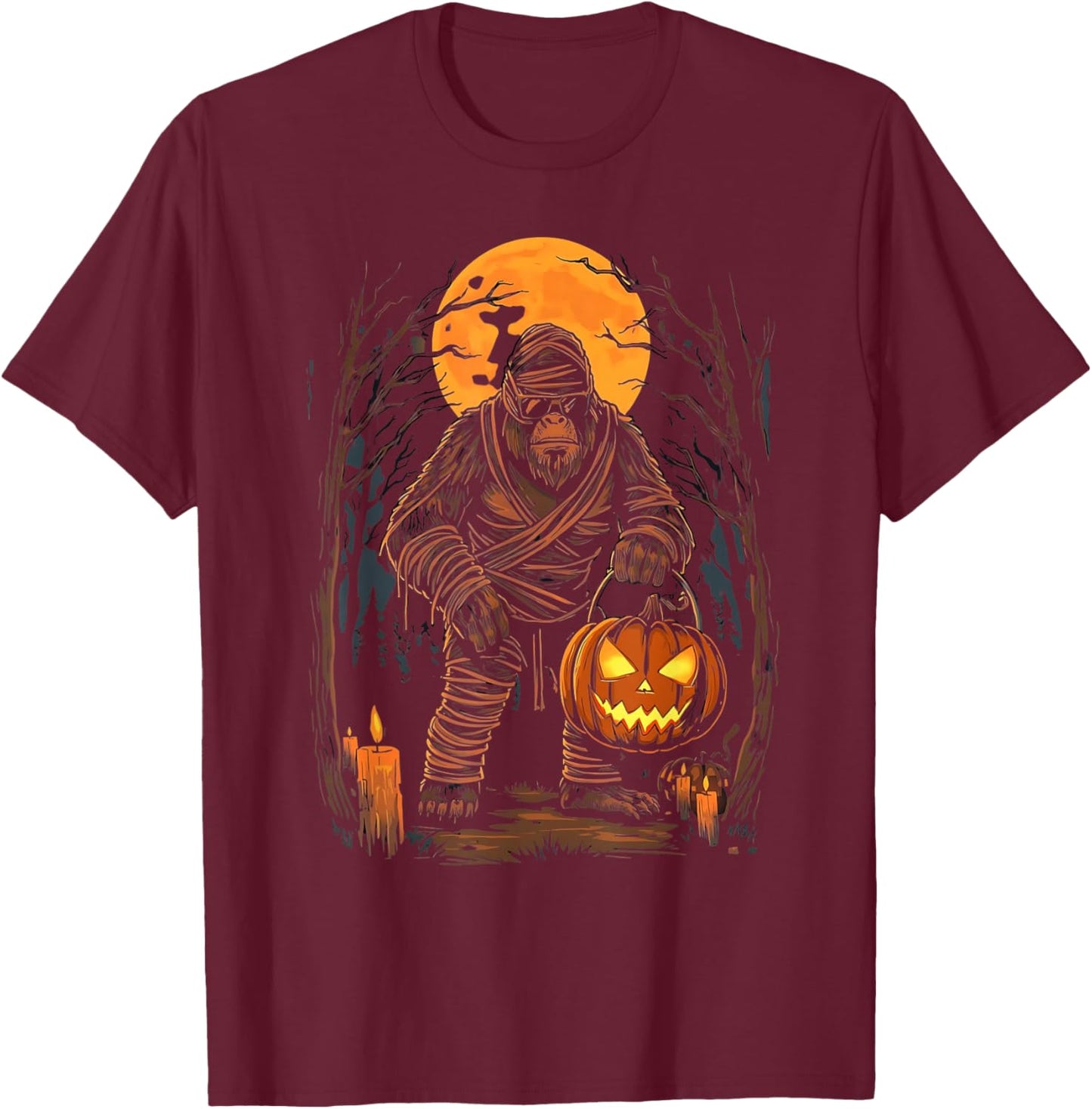 Mummy Bigfoot Holding Pumpkin Halloween Costume Fun T-Shirt - T-Shirt | Maroon