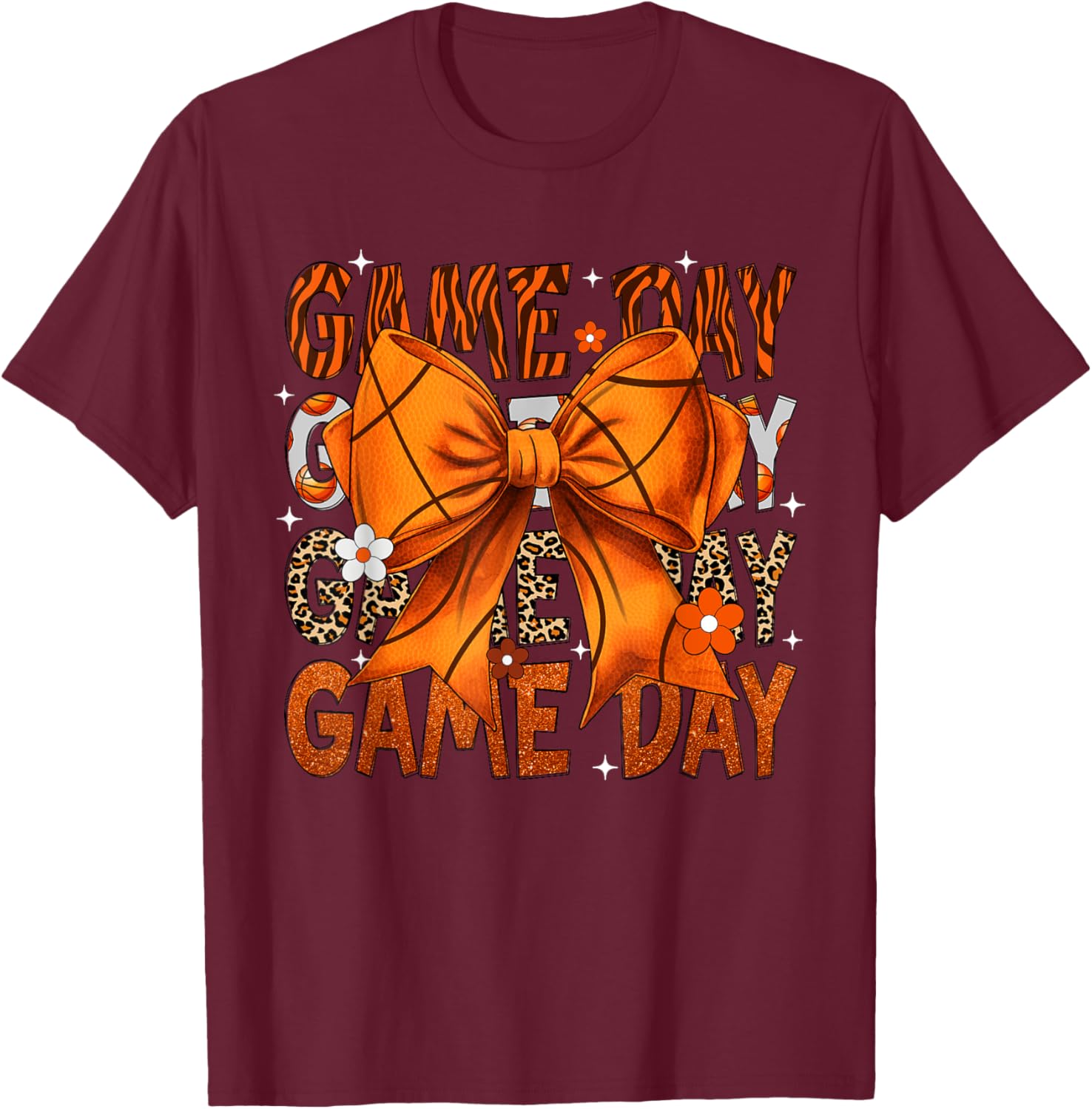 Game Day Basketball Bow Coquette Leopard Basketball T-Shirt - T-Shirt | Maroon