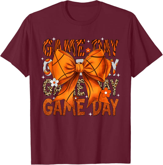 Game Day Basketball Bow Coquette Leopard Basketball T-Shirt - T-Shirt | Maroon