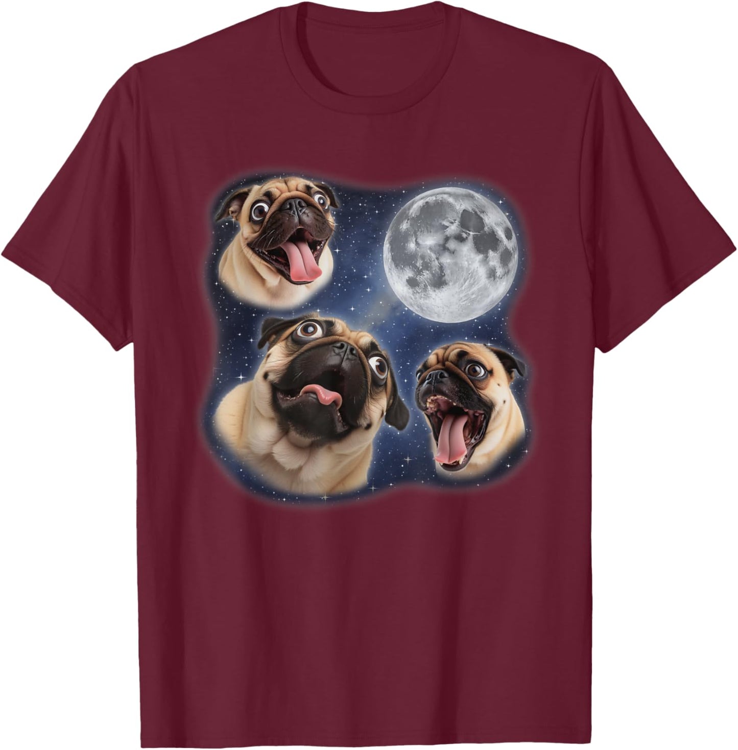 Three Funny Pug Moon 3 Howling At Moon Funny Weird Cursed T-Shirt - T-Shirt | Maroon
